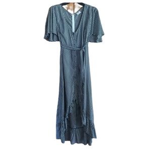 2/$30 Keliki Hawaiian Hi-Low Blue White Honeycomb Flutter Sleeve V-Neck Dress S